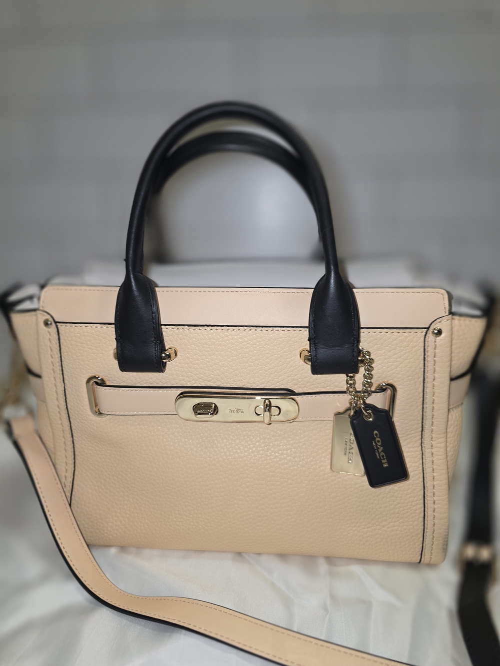 Coach Pebbled Leather Swagger 27 in Peach Salmon and Black (Style 34417) - Picture 9 of 16